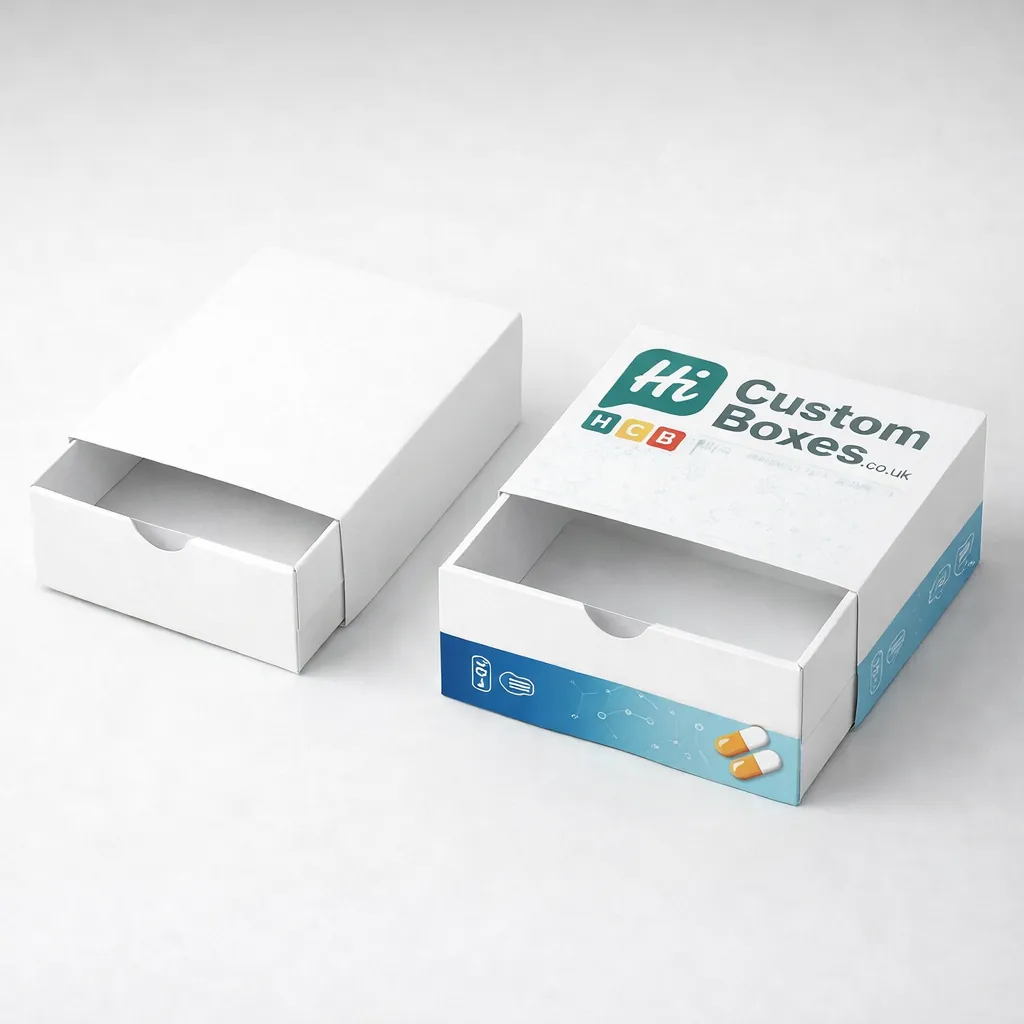 Two white slide-out drawer boxes, one minimal and one featuring blue and green product branding. class=